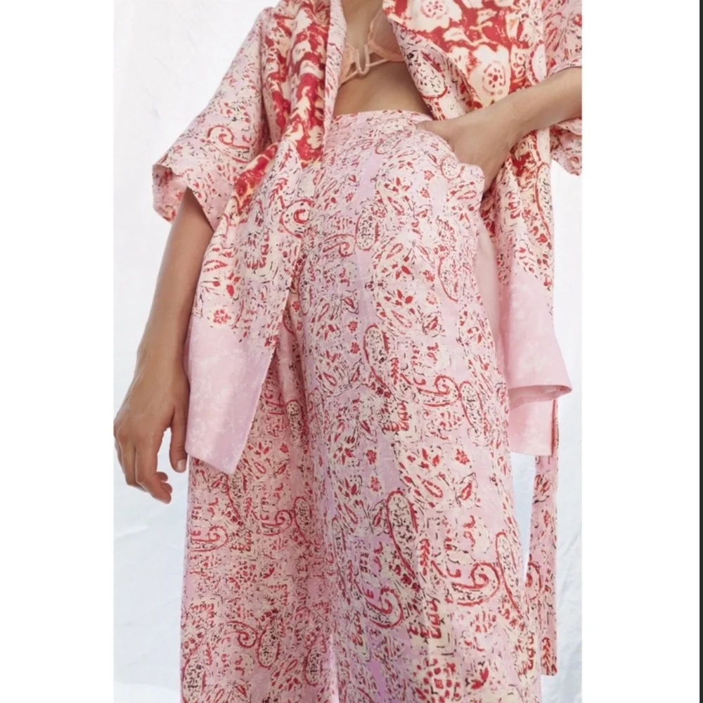Zara Linen Blend Pants High Waist Wide Leg Pants Pink Paisley Women’s Size Small